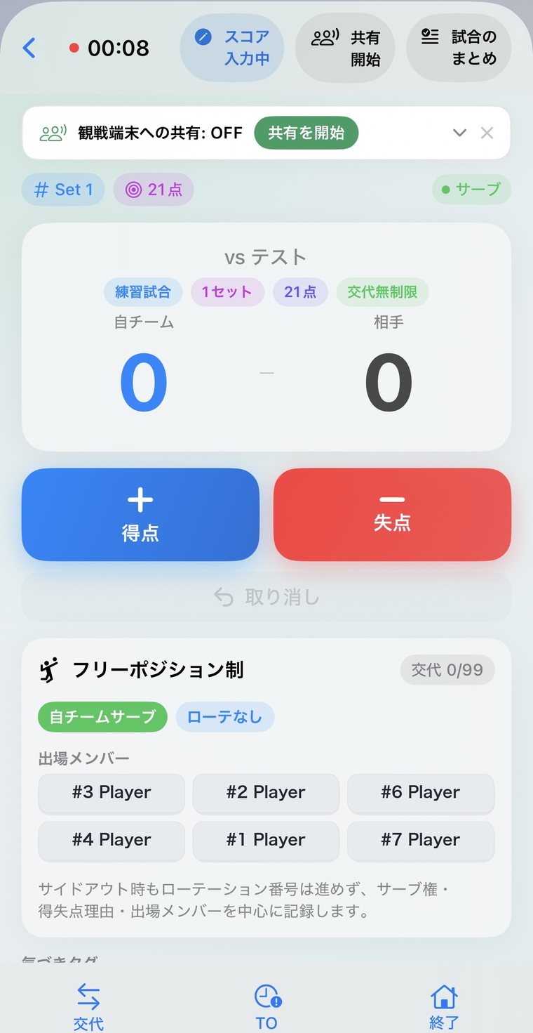 Vollyzeのフリーポジション制対応の試合入力画面。得点、失点、サーブ権、出場メンバー、交代を記録できる。
