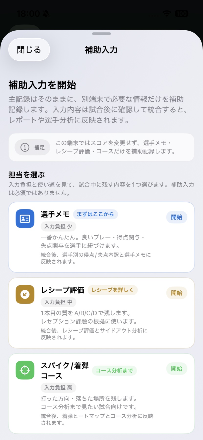 Vollyzeの補助入力画面。選手メモ、レシーブ評価、スパイク・着弾コースから担当を1つ選べる。