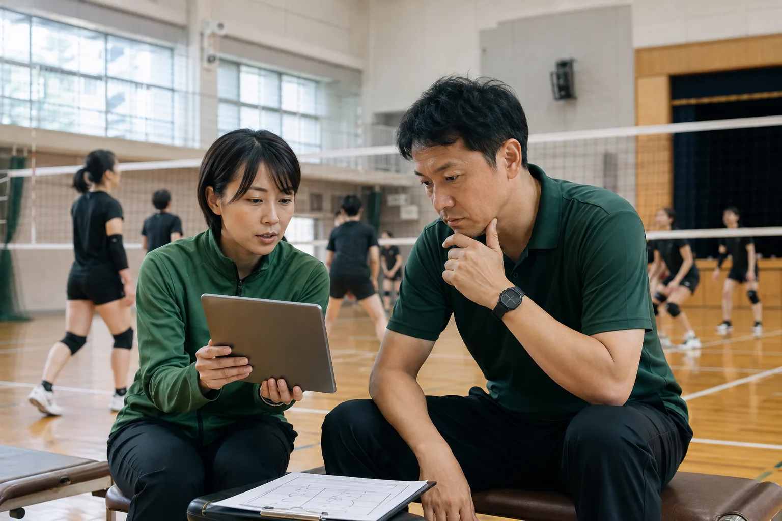 タブレットで記録を確認するコーチ。AI生成の利用イメージ。