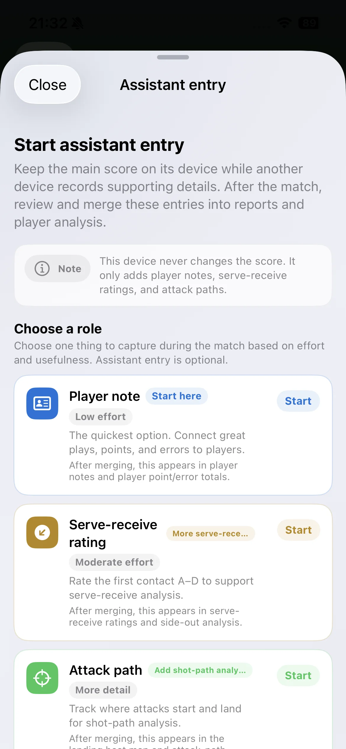 Vollyze assistant entry screen in English with separate roles for player notes, serve-receive ratings and attack paths.