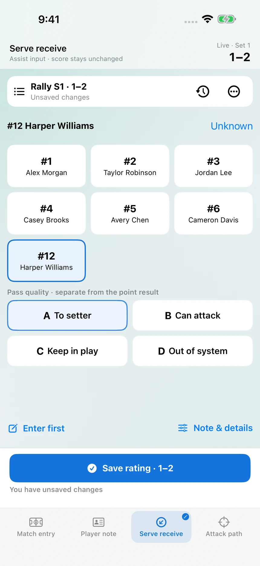 Vollyze serve-receive rating entry in English, with A through D reception grades and a player selector.
