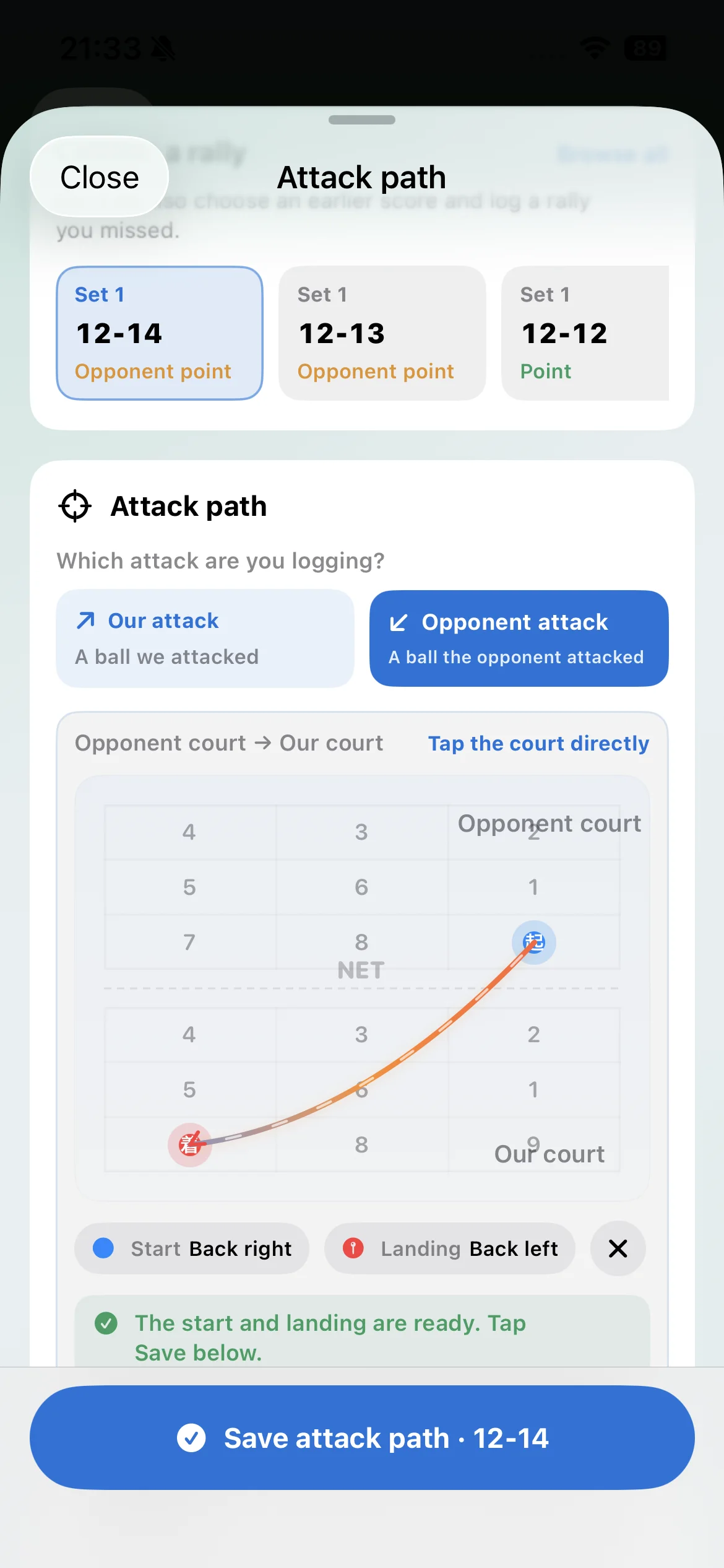English Vollyze attack path entry showing the opponent court, the team court and a saved start and landing location.