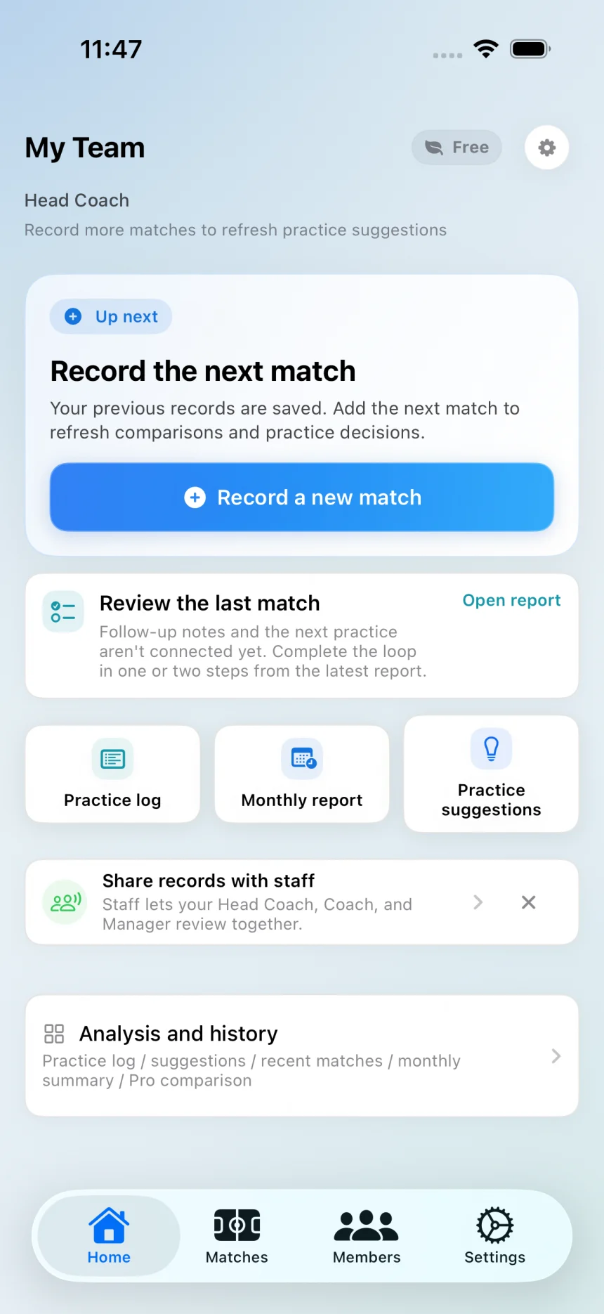 Vollyze dashboard in English with a next match action, review link, practice suggestions and staff sharing.