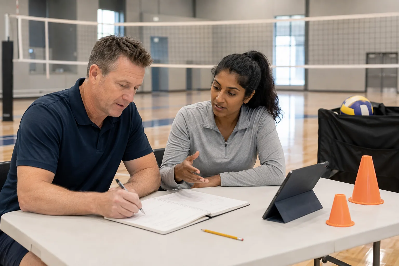 Two volleyball coaches discuss the next practice and write a plan together at a courtside table.