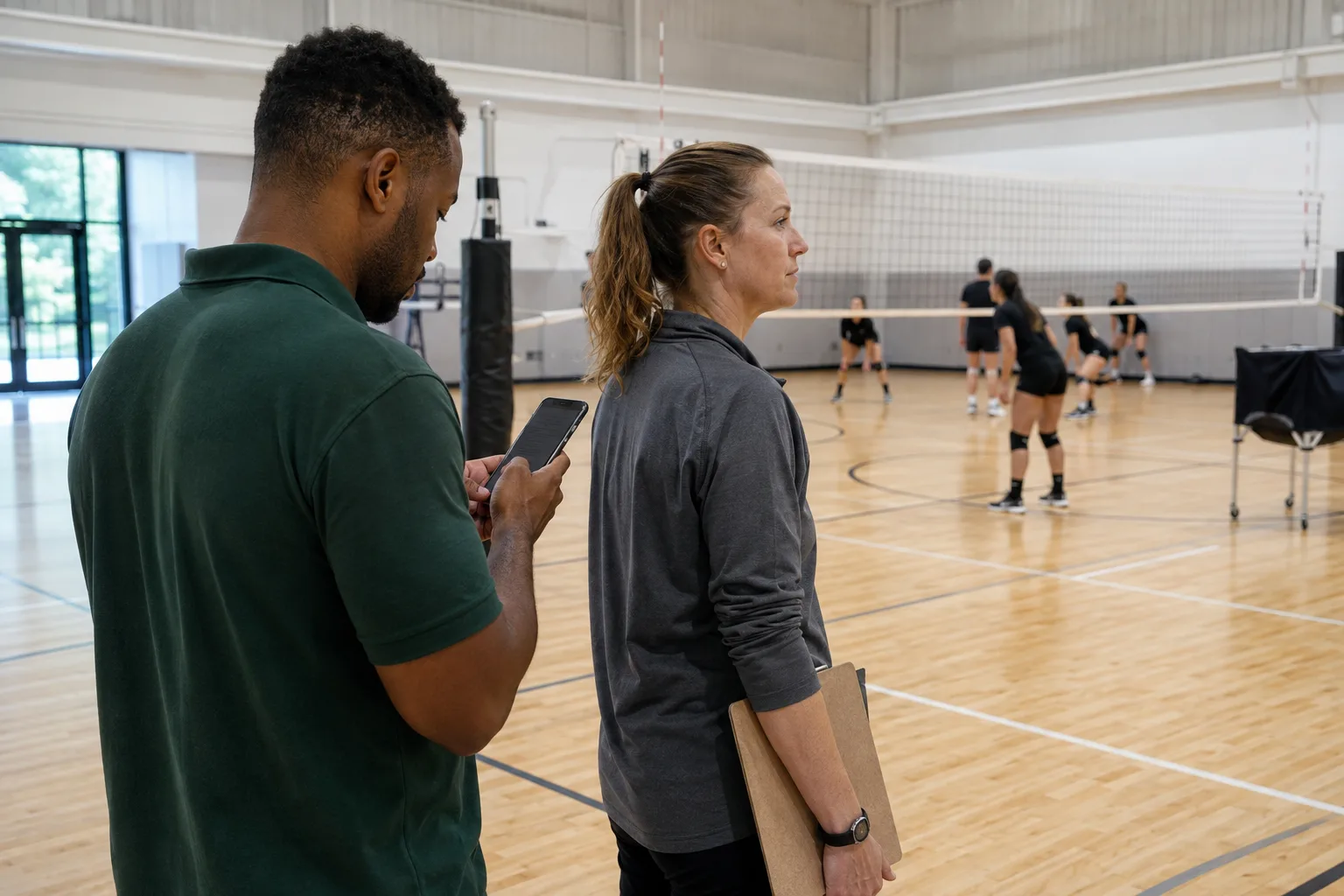 An assistant records an observation on a phone while a coach watches volleyball practice.