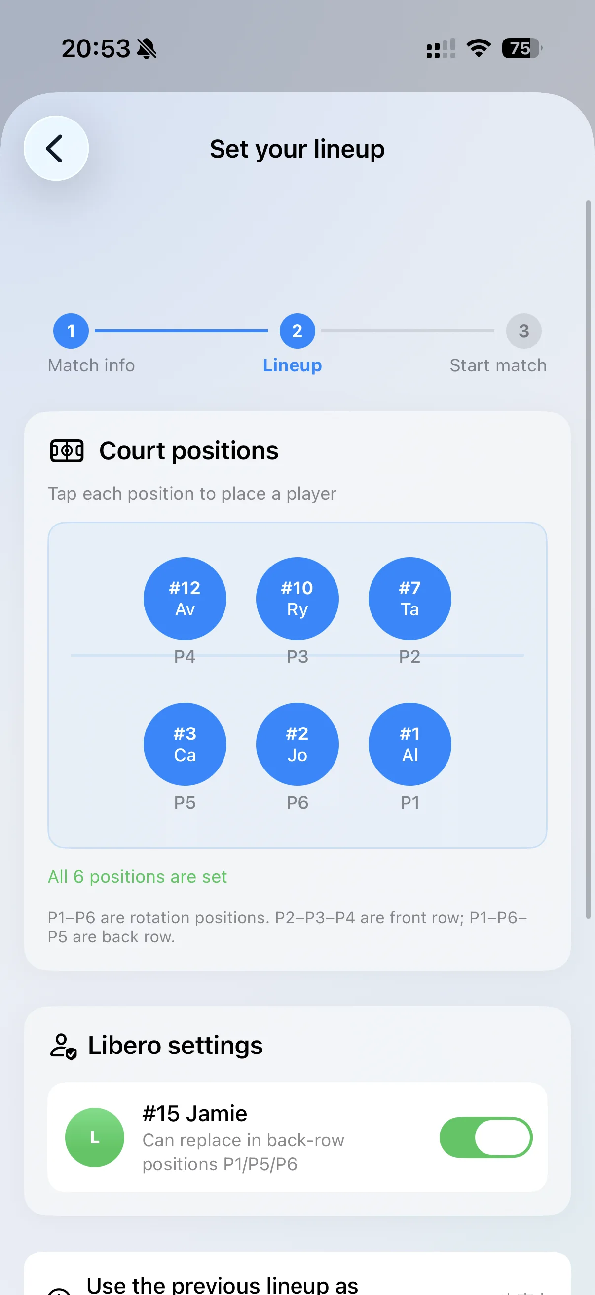 Vollyze lineup setup in English showing six rotation positions and the libero setting before a volleyball match.