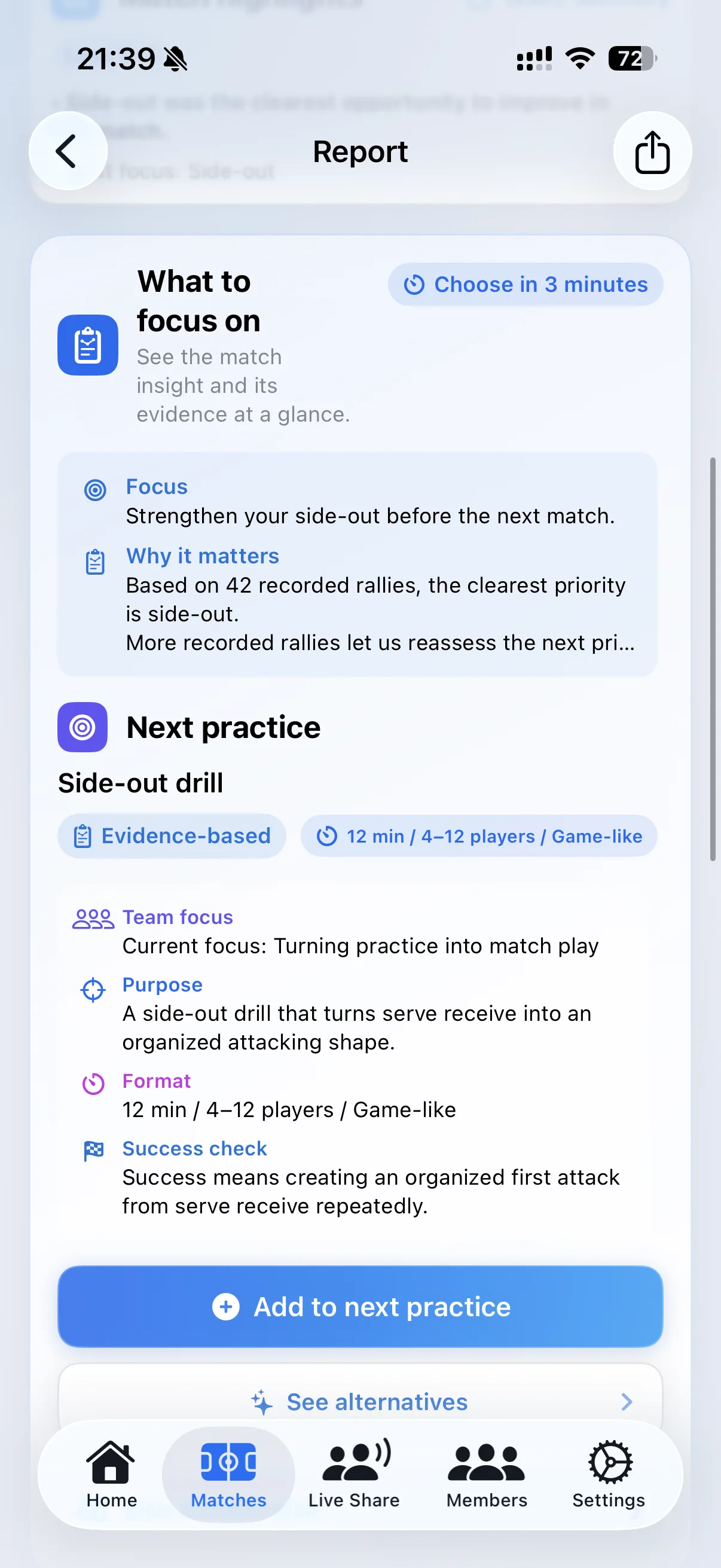 Vollyze English report showing the match focus, its evidence and a suggested next volleyball practice.
