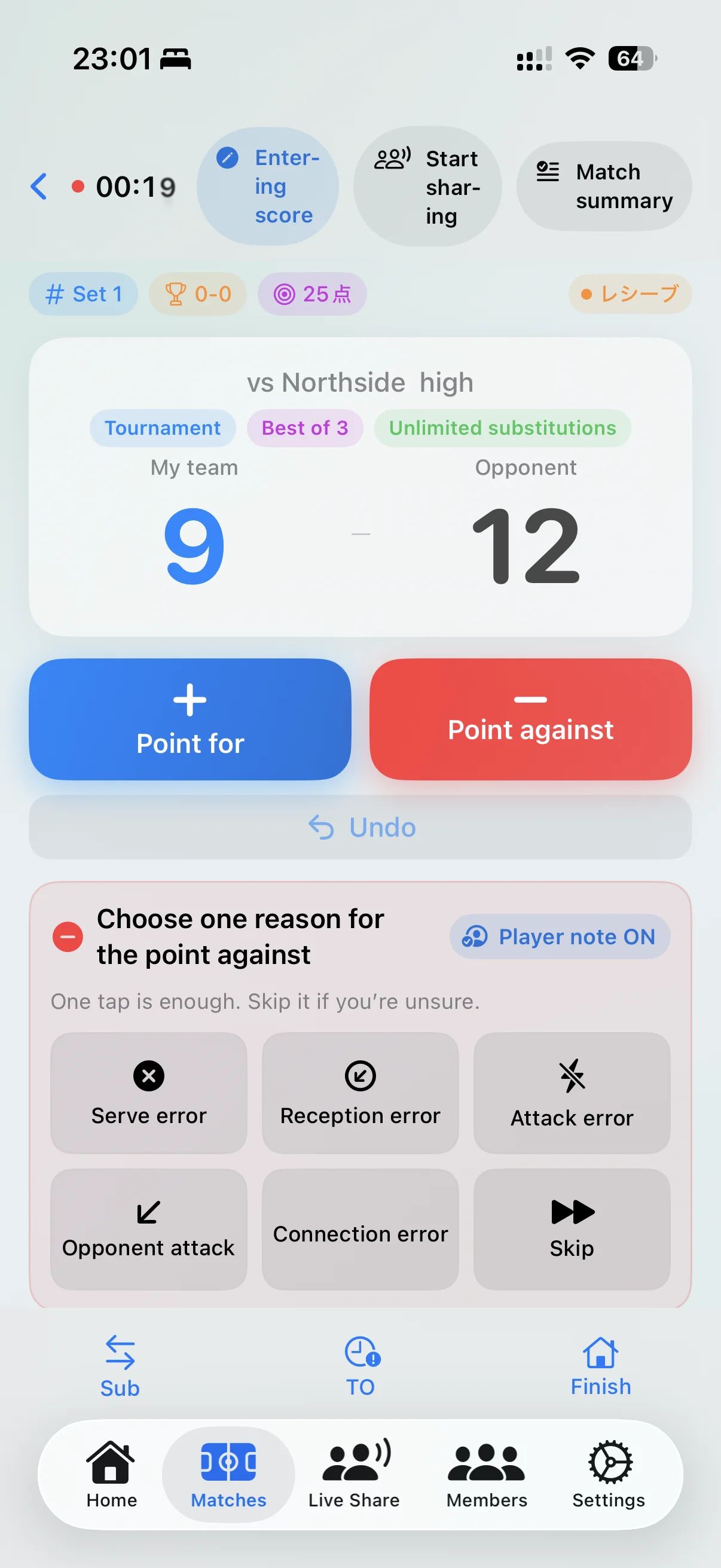 Vollyze live volleyball scoring screen in English with Point for, Point against and one-tap point-loss reasons.