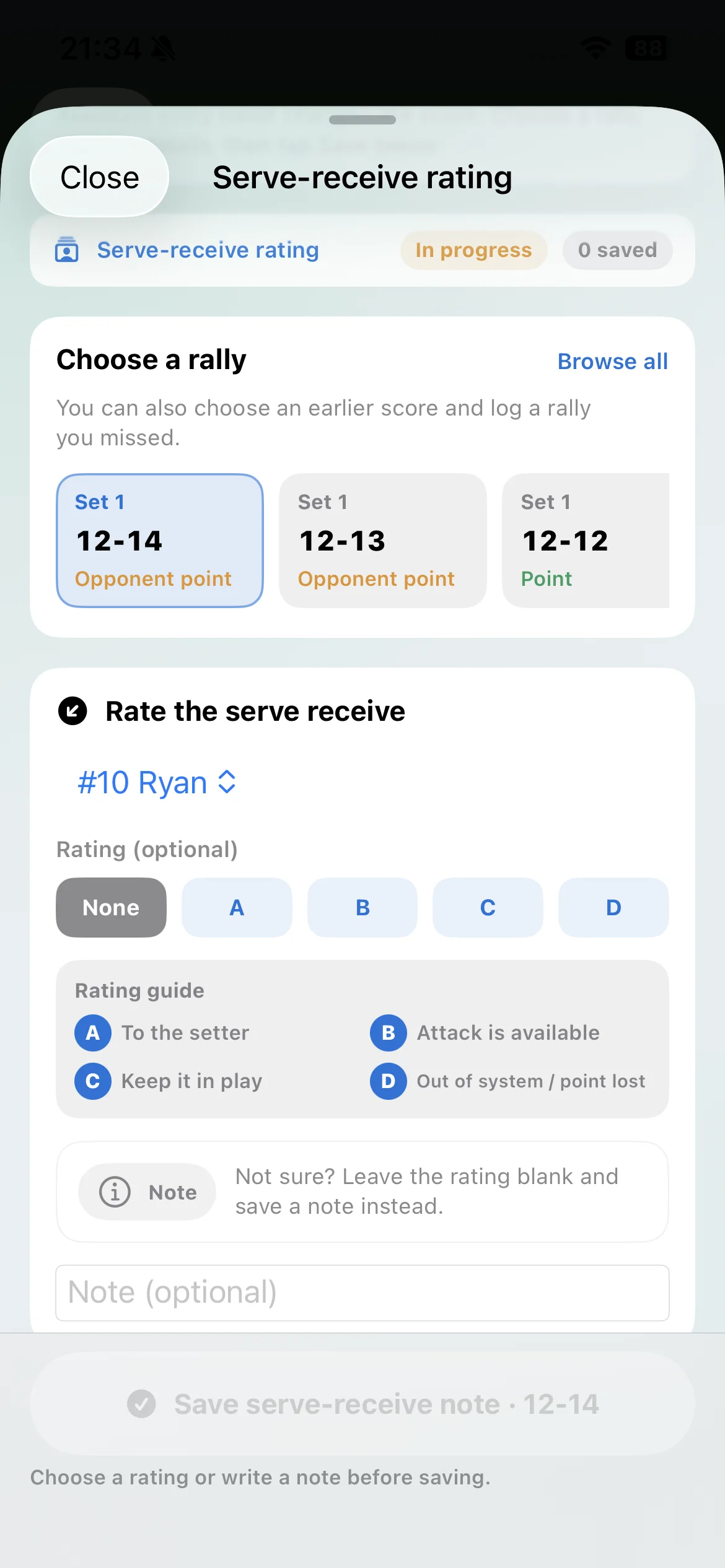 Vollyze serve-receive rating in English with A, B, C and D options, a player selector and an optional note.