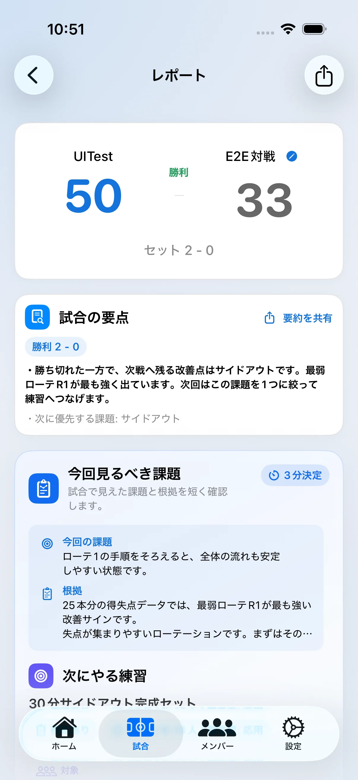 Vollyzeの試合後レポート画面。勝敗、試合の要点、今回見るべき課題と根拠を表示している。