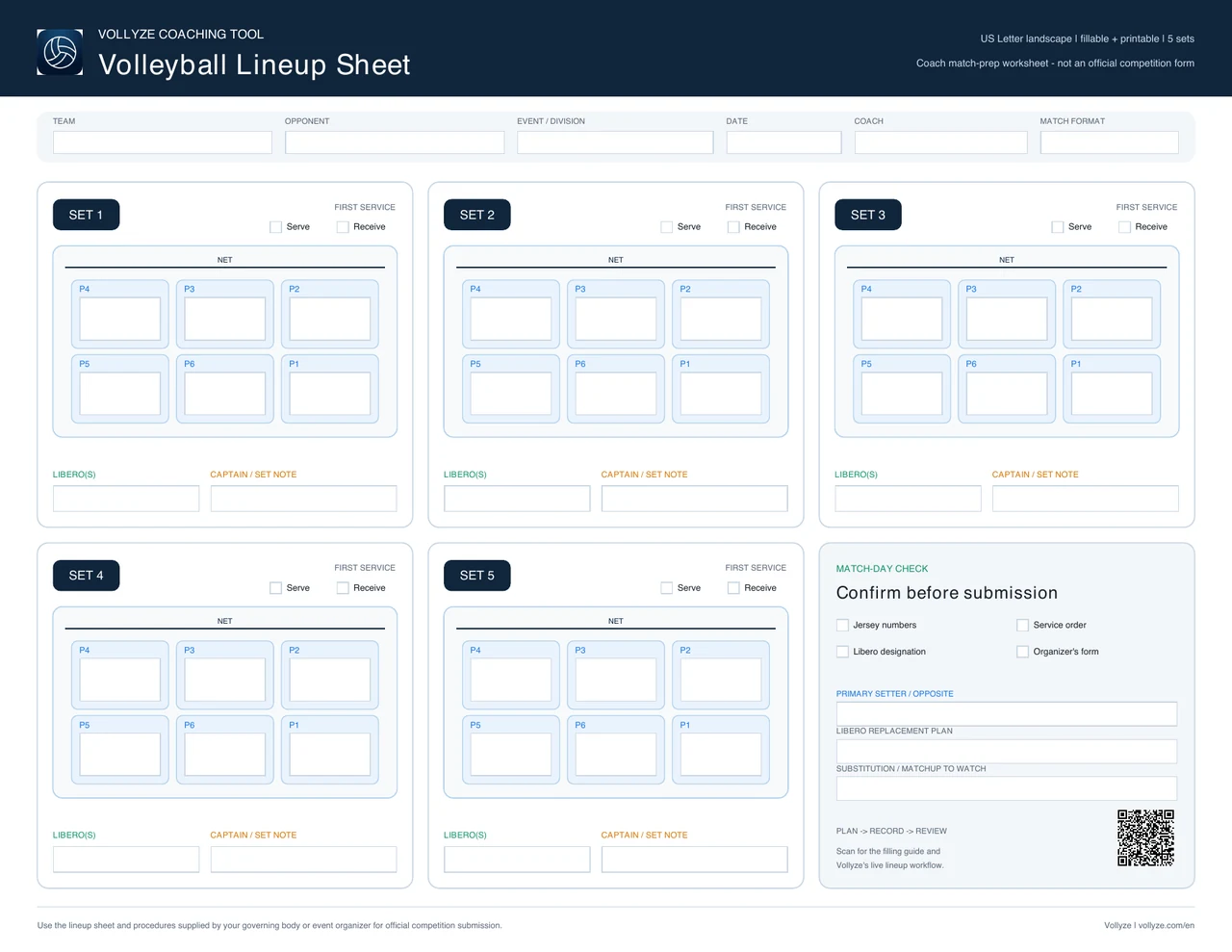 Free fillable volleyball lineup sheet with five set cards, P1 through P6 positions, libero fields and first-service checks.