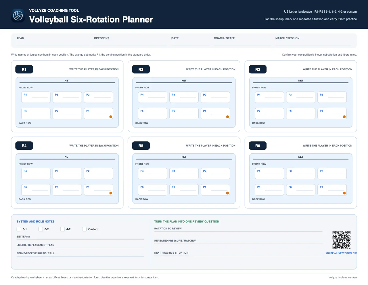 Free printable six-rotation volleyball lineup planner