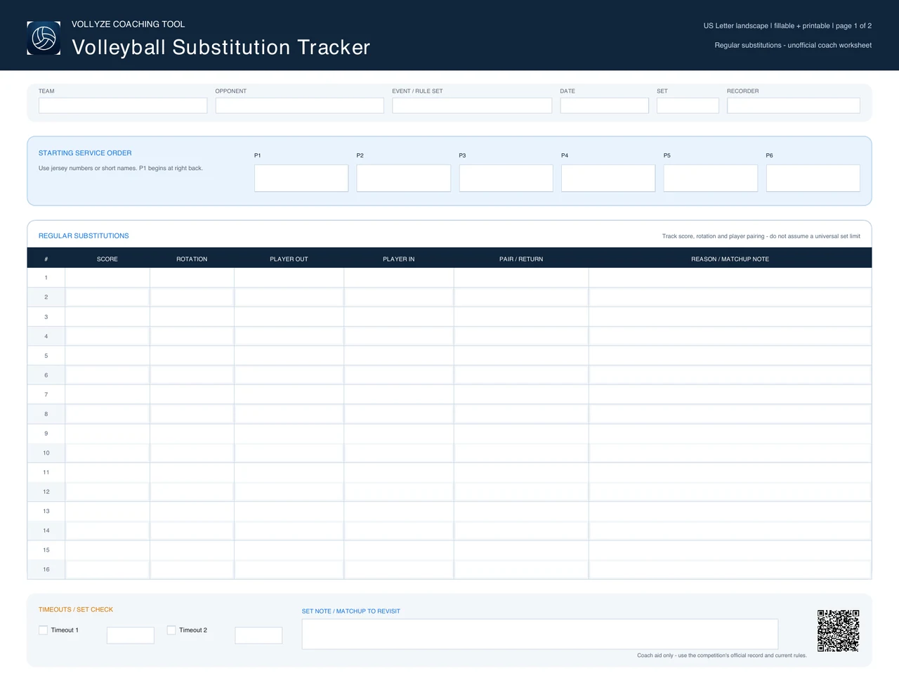Free fillable volleyball substitution tracker with starting service order, score, rotation, player in and player out fields.